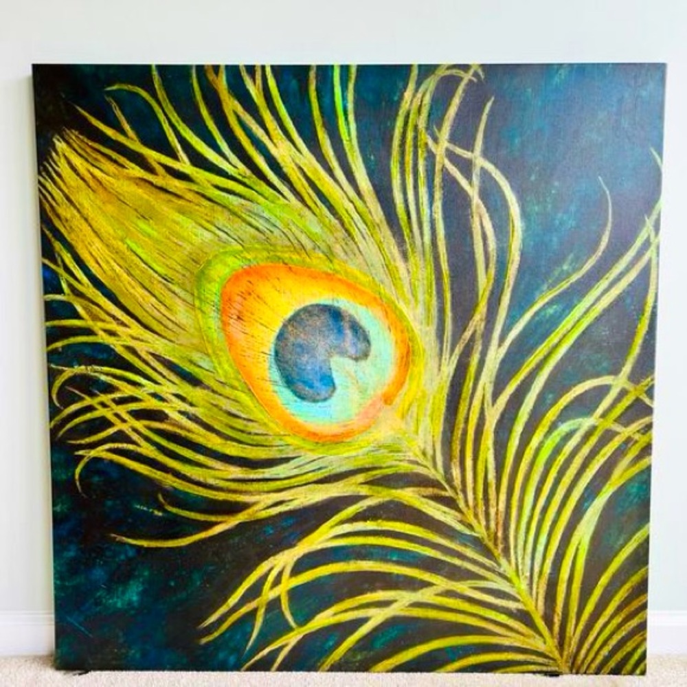 Pier 1 Imports Peacock Feather Oil Painting - Bold and Vibrant Canvas Decor